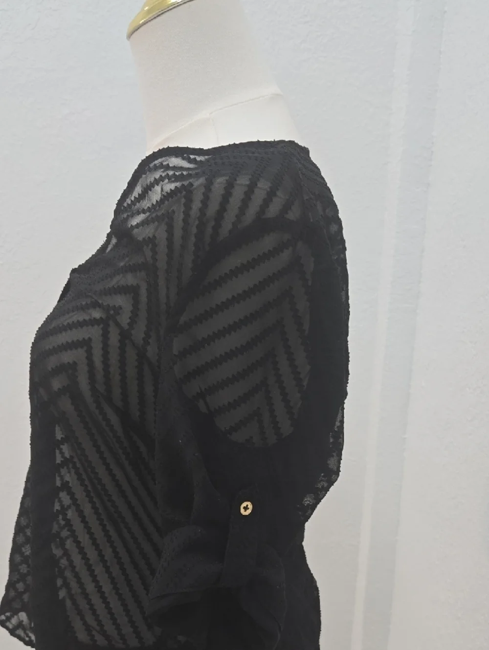 bebe Black Sheer Chevron Top with Gold Buttons - Picture 3 of 8